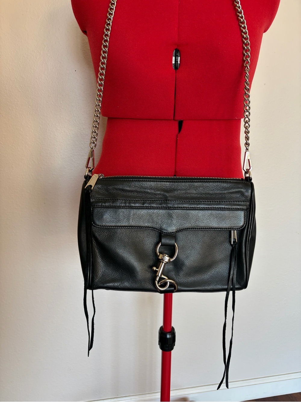 Rebecca Minkoff Mini MAC, Black Leather Crossbody with Silver Chain